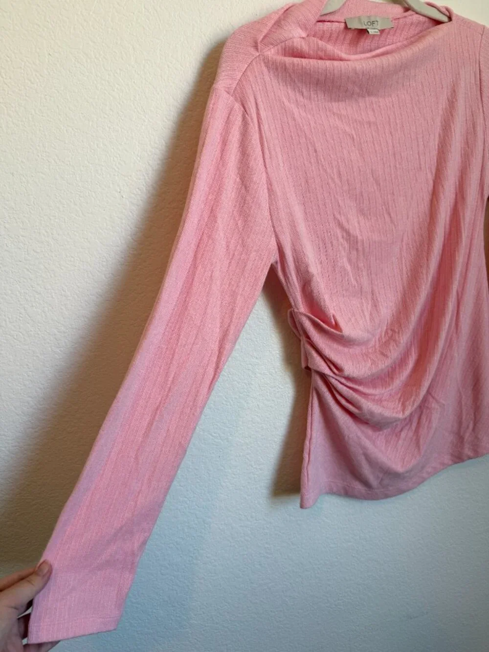 LOFT Cozy Ribbed Asymmetric Neck Top Pink Salt Size Large